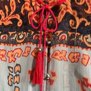 Tracey Reese L blue button down Plenty top NWOT. Brass buttons & beads on ties.